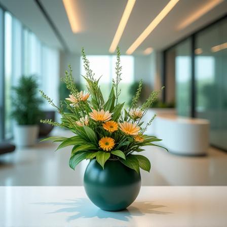 オフィスの受付に飾られたモダンな生け花 (Modern Ikebana arrangement in an office reception)