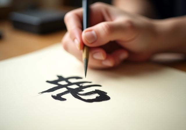 書道教室で筆を持つ手元 (Close-up of a hand holding a brush during a calligraphy lesson)